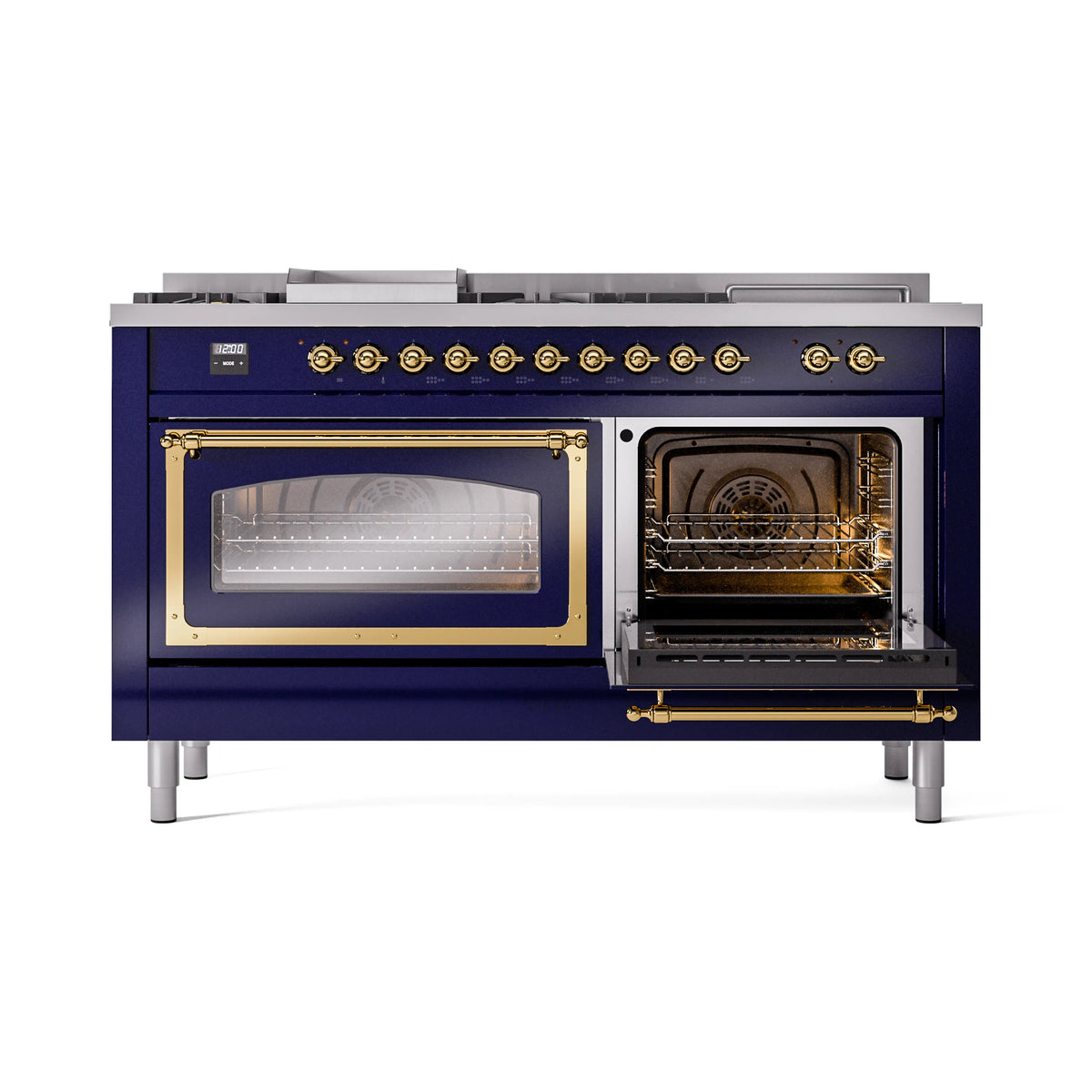 Midnight blue ILVE dual fuel range with one oven door open, brass interior trim