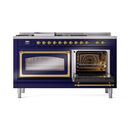 ILVE 60-Inch Nostalgie II Noblesse Natural Gas Dual Fuel Range with 7 Sealed Burners, Griddle, French Top, and Triple Glass Door Oven in Midnight Blue with Brass Trim (UN60FSNMPMBG)
