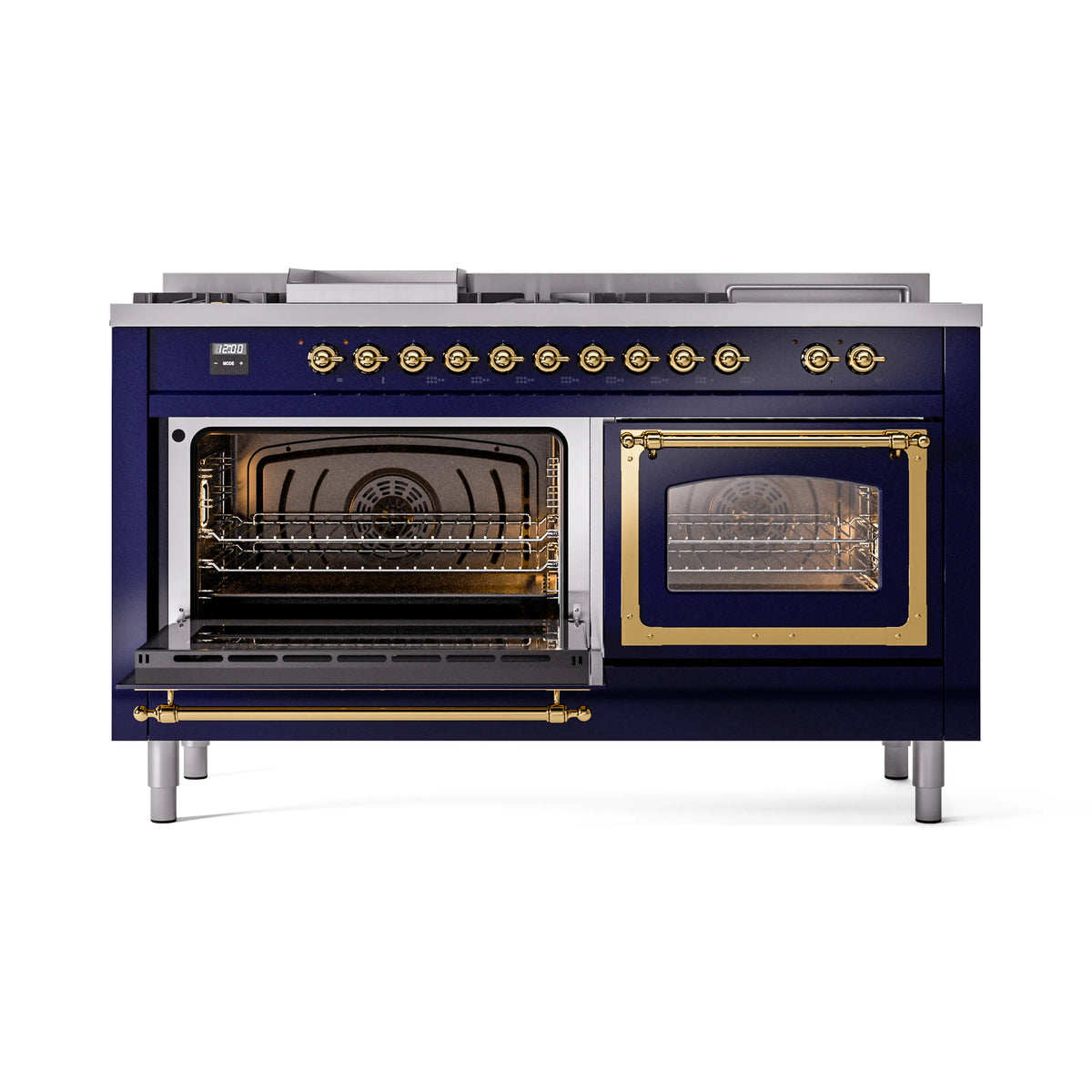 Midnight blue ILVE range with both oven doors open, racks inside, brass-trim frames