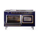 ILVE 60-Inch Nostalgie II Noblesse Propane Gas Dual Fuel Range with 7 Sealed Burners, Griddle, French Top, and Triple Glass Door Oven in Midnight Blue with Brass Trim (UN60FSNMPMBGLP)
