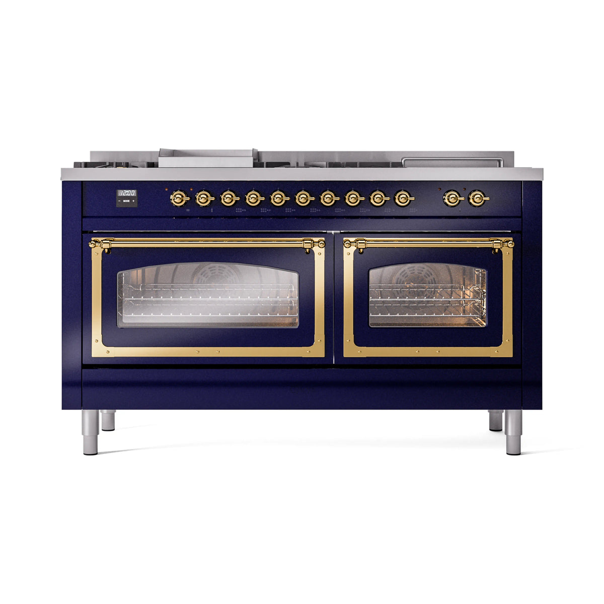 Midnight blue dual fuel range with brass-trim doors, two oven windows and control knobs