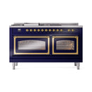 ILVE 60-Inch Nostalgie II Noblesse Natural Gas Dual Fuel Range with 7 Sealed Burners, Griddle, French Top, and Triple Glass Door Oven in Midnight Blue with Brass Trim (UN60FSNMPMBG)