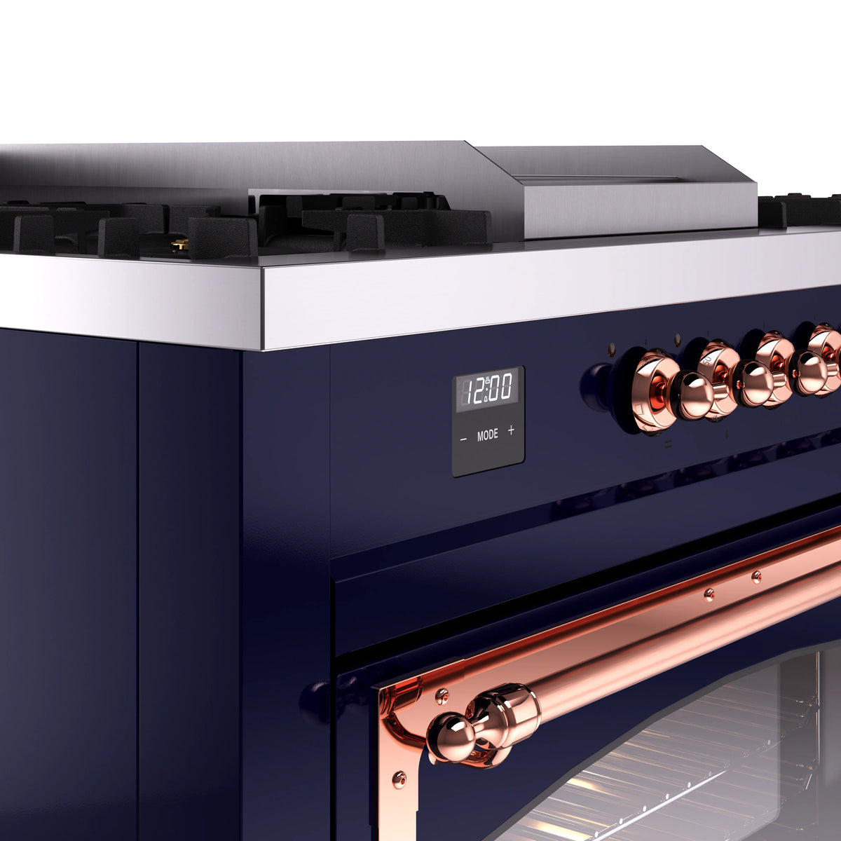 Midnight blue range control panel with digital display and copper control knobs