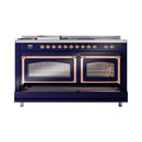 ILVE 60-Inch Nostalgie II Noblesse Propane Gas Dual Fuel Range with 7 Sealed Burners, Griddle, French Top, and Triple Glass Door Oven in Midnight Blue with Copper Trim (UN60FSNMPMBPLP)
