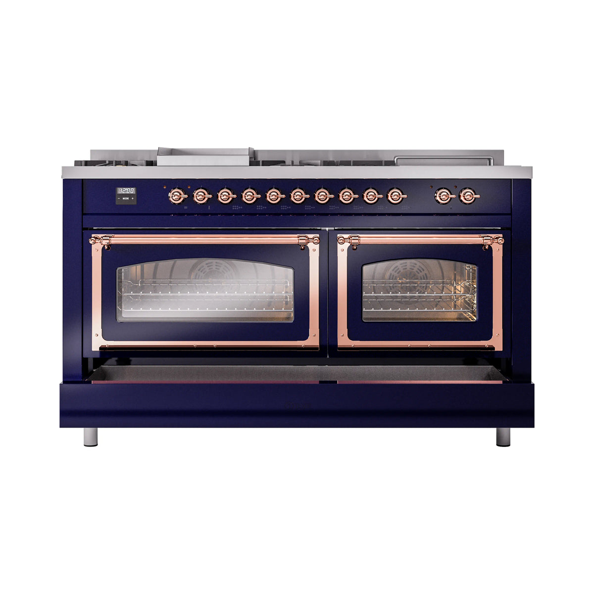 Midnight blue dual fuel range with two closed oven doors, copper trim accents