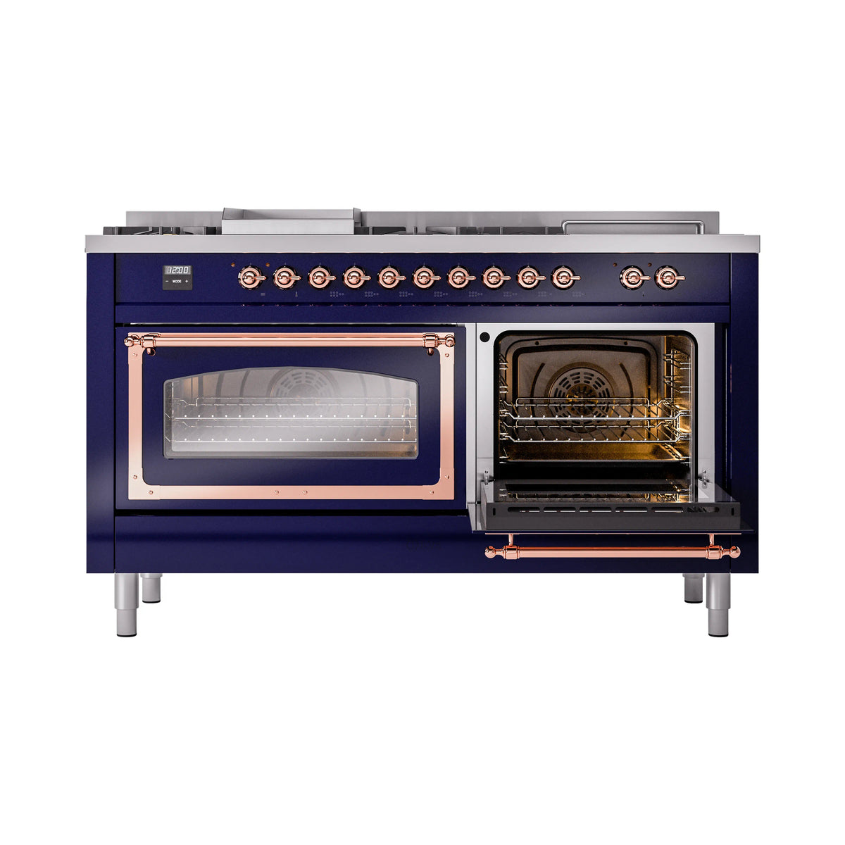 Midnight blue range with copper trim, left oven door closed and right oven door open