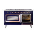 ILVE 60-Inch Nostalgie II Noblesse Natural Gas Dual Fuel Range with 7 Sealed Burners, Griddle, French Top, and Triple Glass Door Oven in Midnight Blue with Copper Trim (UN60FSNMPMBP)