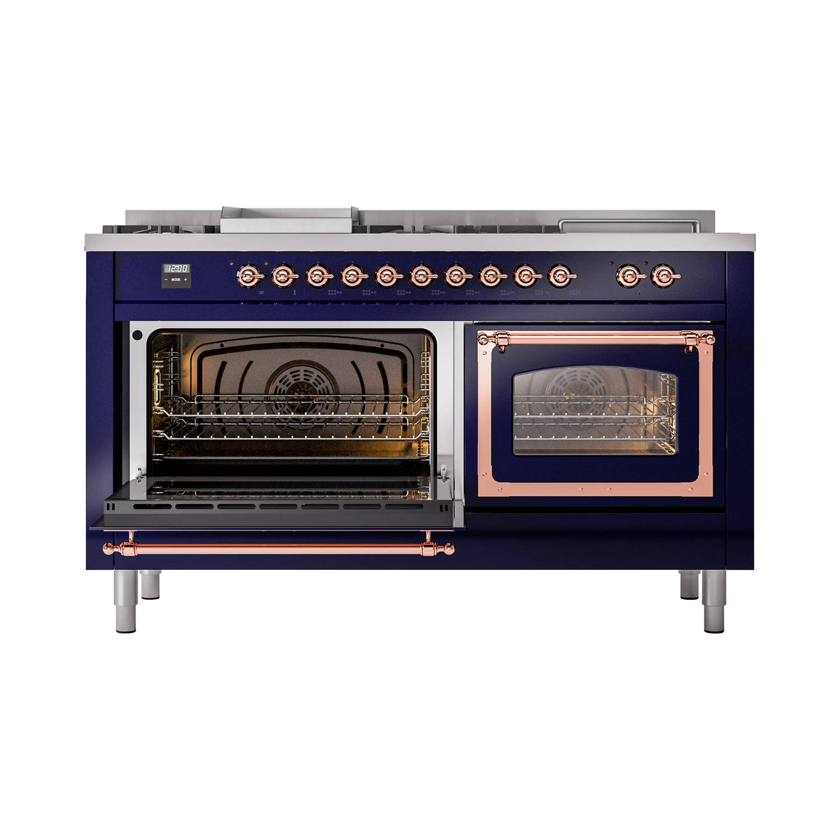 Midnight blue ovens with copper trim, both oven interiors shown with racks