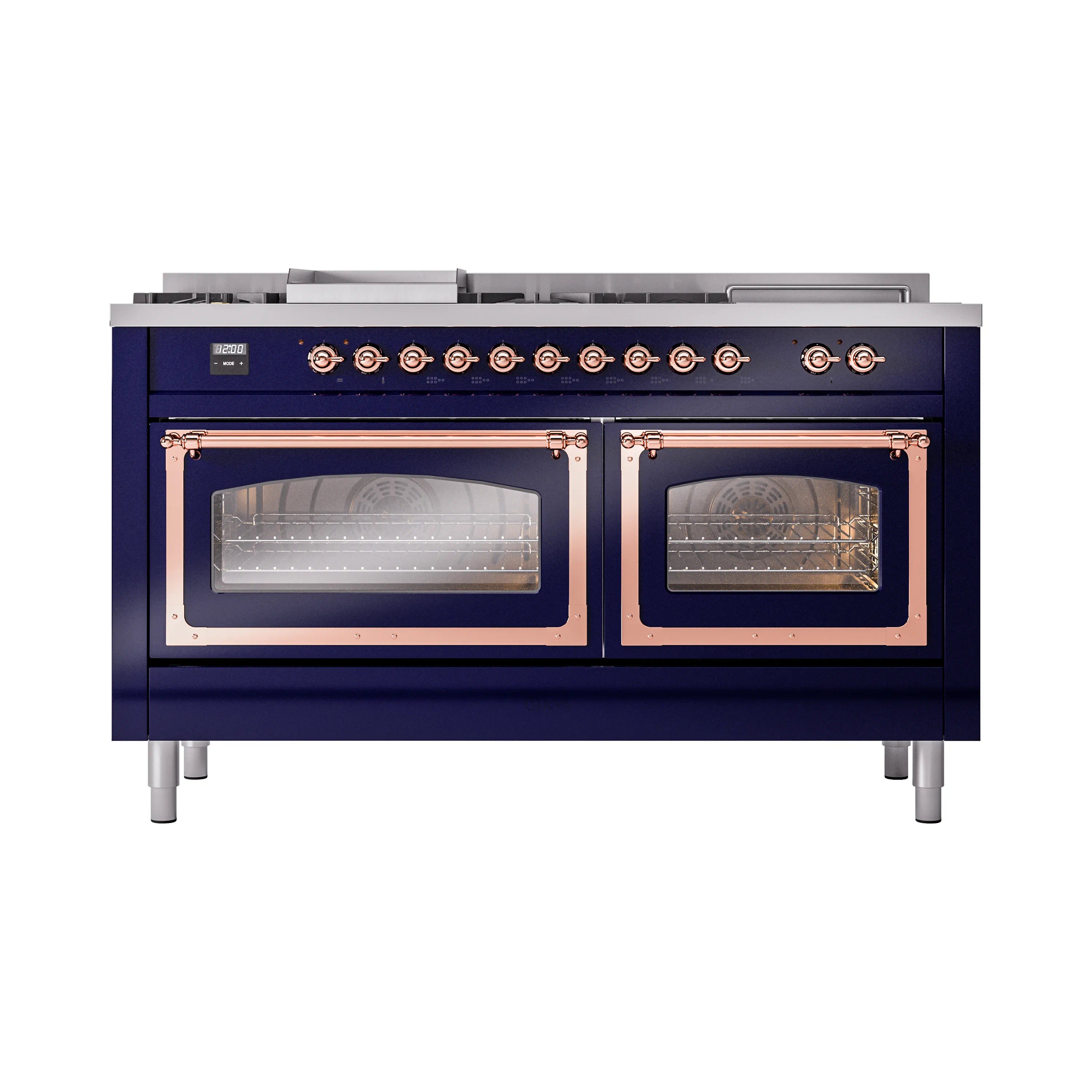 Midnight blue dual fuel range with two oven doors open and copper-trimmed handles