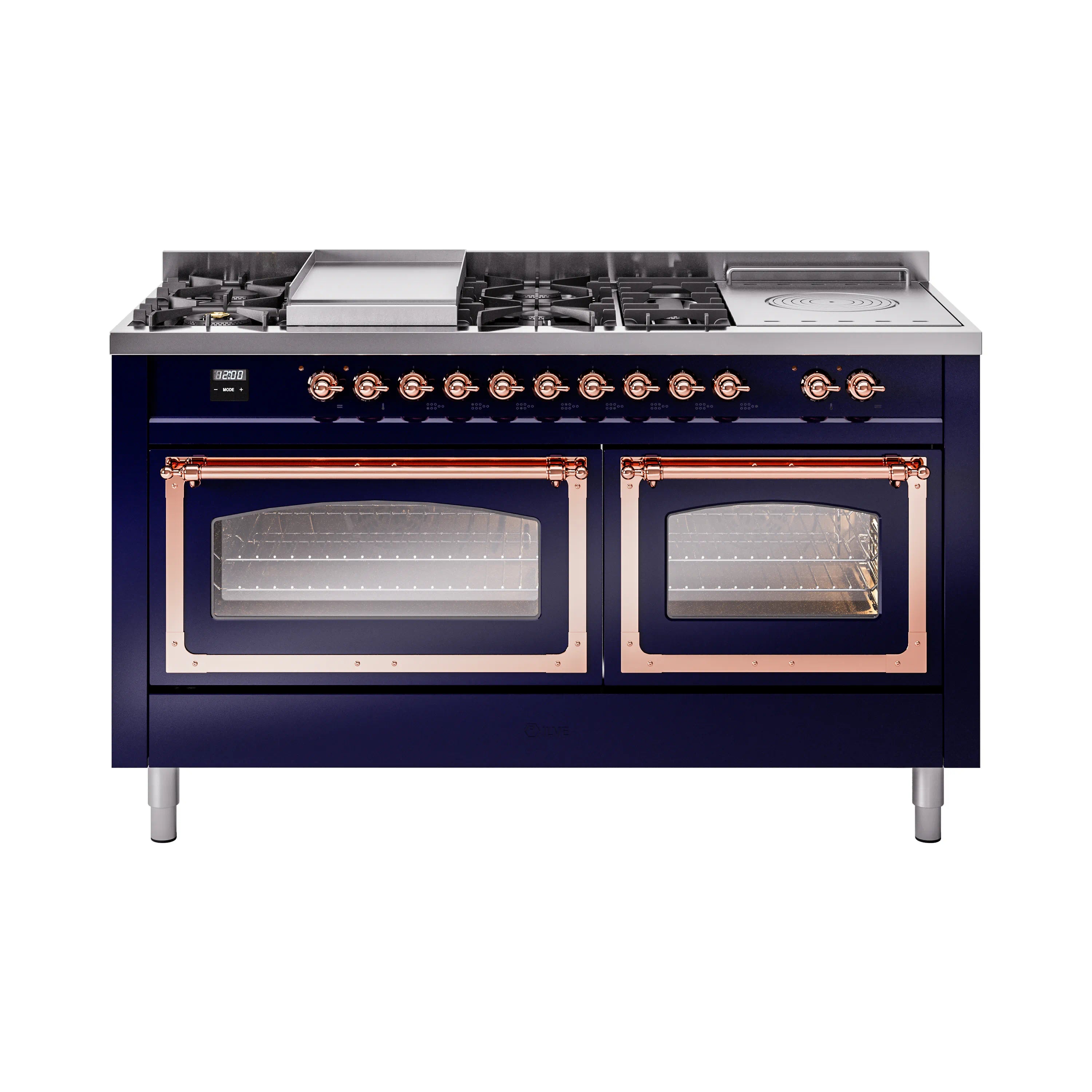 Midnight blue dual fuel range with two lit oven windows and copper trim