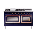ILVE 60-Inch Nostalgie II Noblesse Natural Gas Dual Fuel Range with 7 Sealed Burners, Griddle, French Top, and Triple Glass Door Oven in Midnight Blue with Copper Trim (UN60FSNMPMBP)