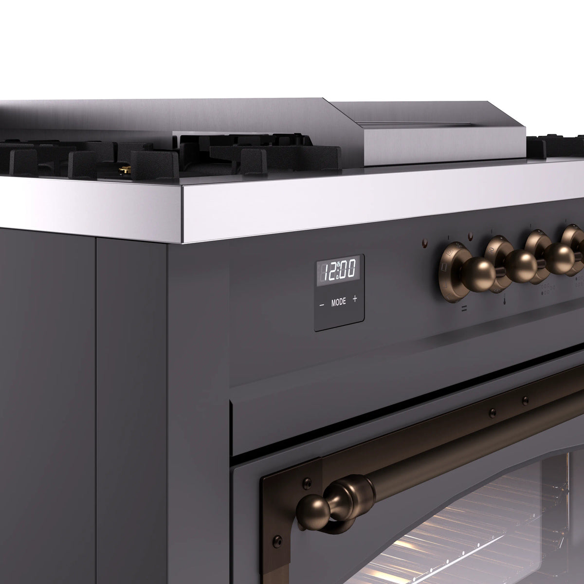Matte graphite range control panel with bronze knobs and digital display