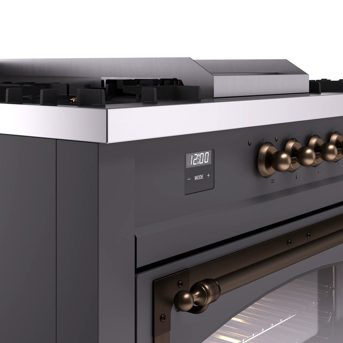Matte graphite range control panel with digital display and bronze knob row