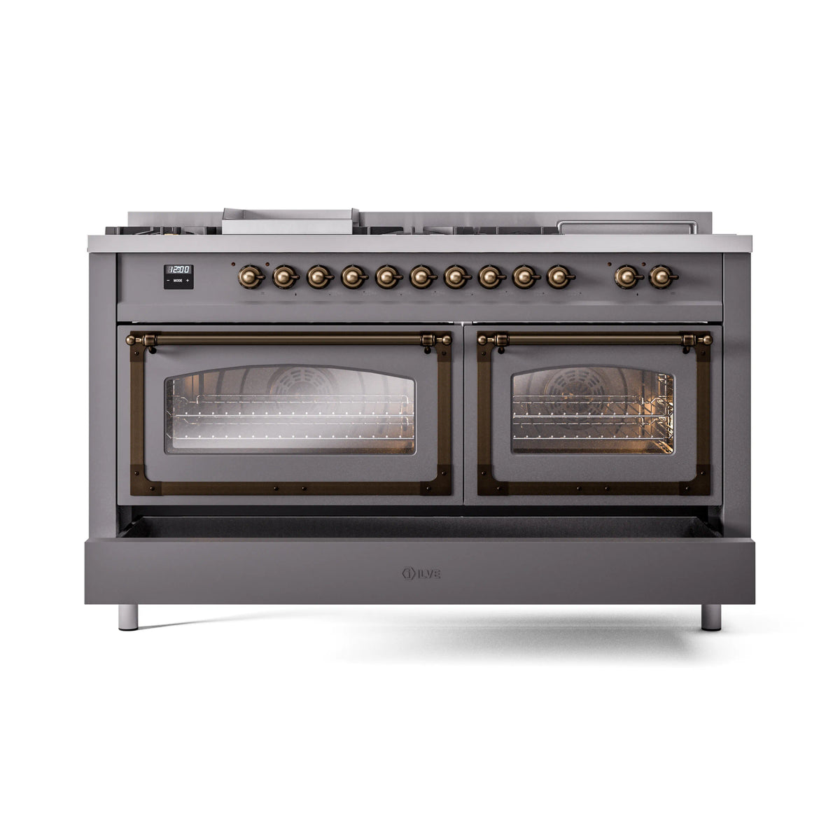 Matte graphite dual fuel range with bronze knobs and two oven windows, straight-on