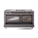 ILVE 60-Inch Nostalgie II Noblesse Natural Gas Dual Fuel Range with 7 Sealed Burners, Griddle, French Top, and Triple Glass Door Oven in Matte Graphite with Bronze Trim (UN60FSNMPMGB)