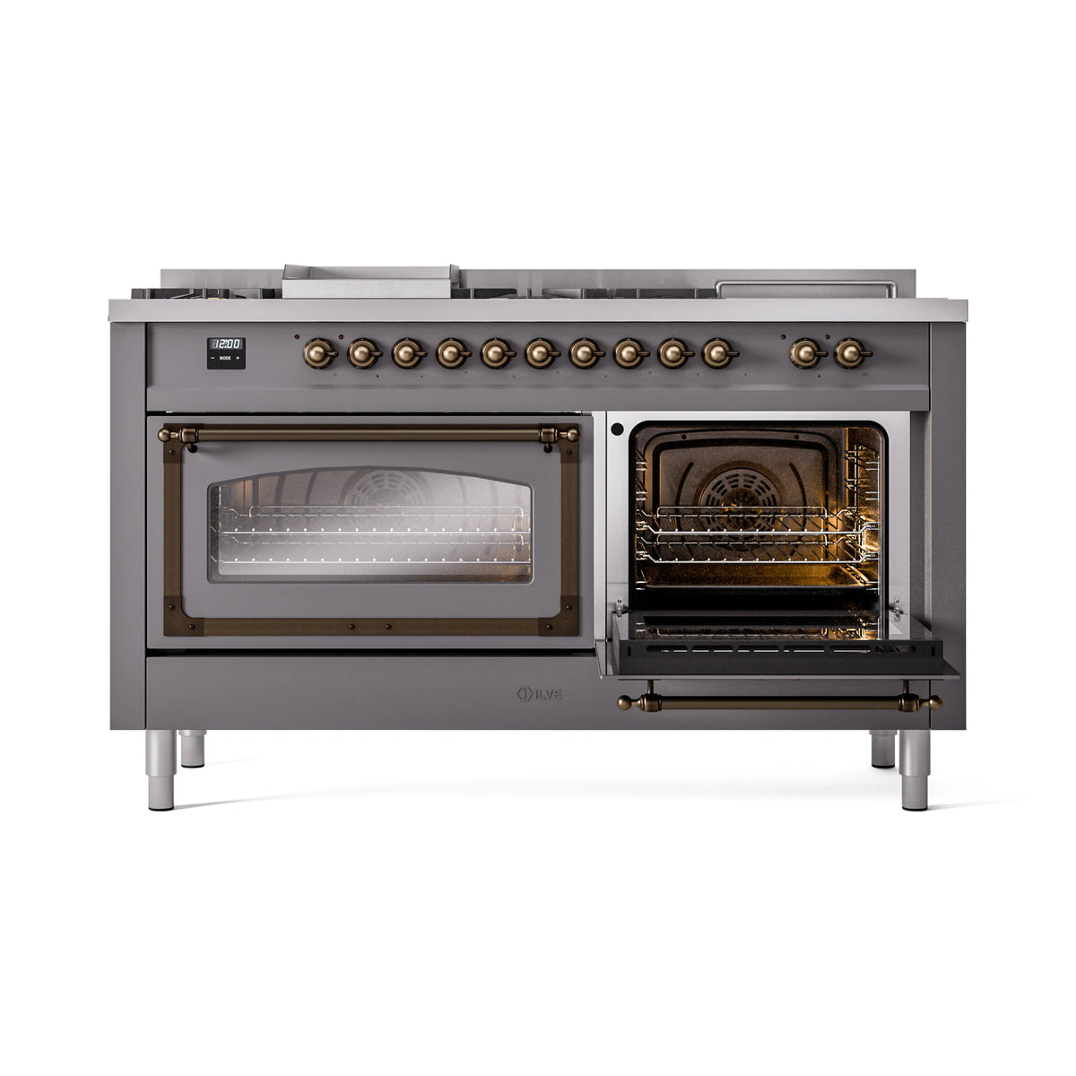 Matte graphite dual fuel range with both oven doors open, showing heating elements