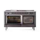 ILVE 60-Inch Nostalgie II Noblesse Propane Gas Dual Fuel Range with 7 Sealed Burners, Griddle, French Top, and Triple Glass Door Oven in Matte Graphite with Bronze Trim (UN60FSNMPMGBLP)