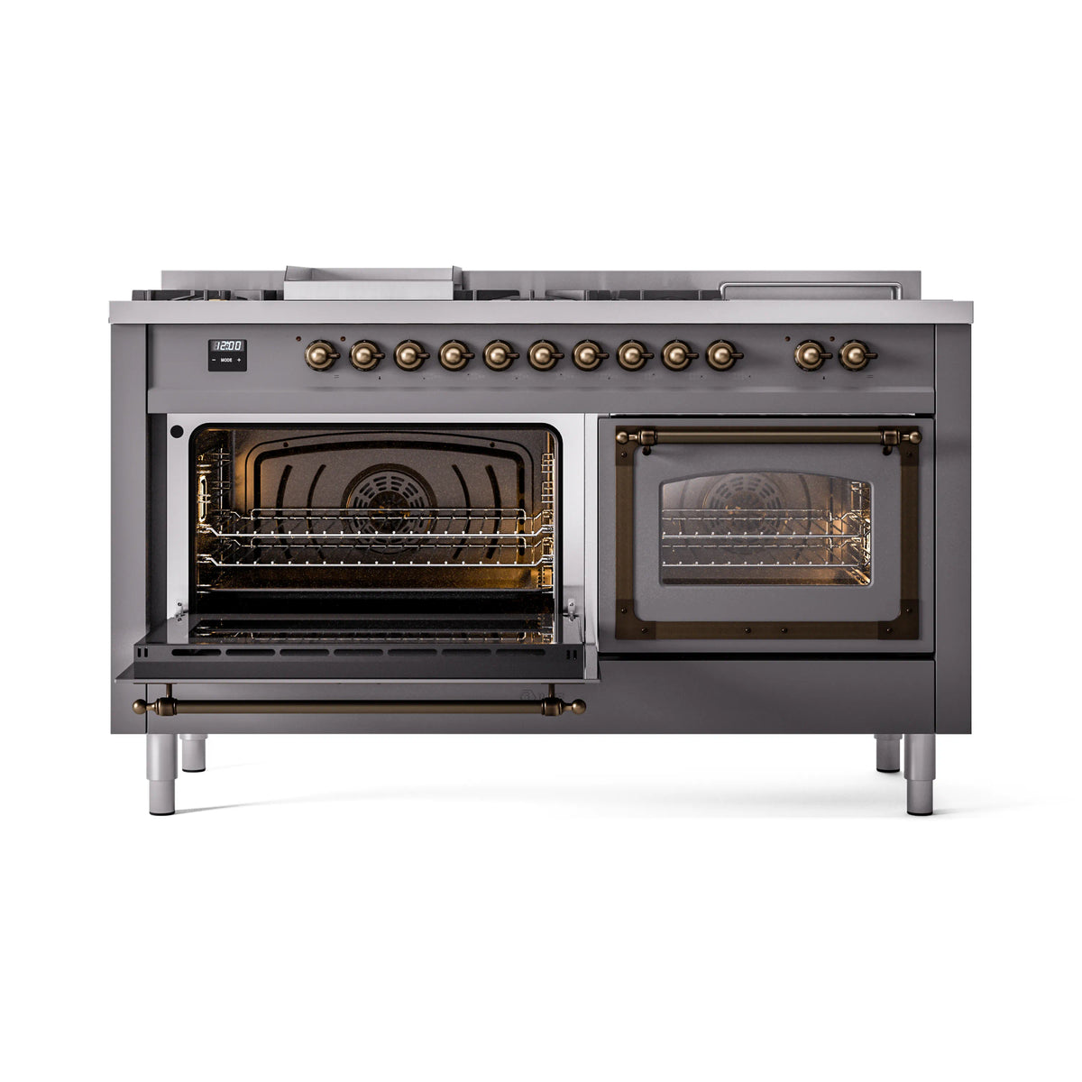 Matte graphite dual fuel range with left oven open and right oven closed, front view