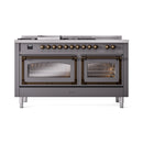 ILVE 60-Inch Nostalgie II Noblesse Propane Gas Dual Fuel Range with 7 Sealed Burners, Griddle, French Top, and Triple Glass Door Oven in Matte Graphite with Bronze Trim (UN60FSNMPMGBLP)