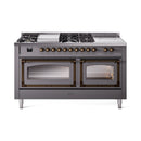 ILVE 60-Inch Nostalgie II Noblesse Propane Gas Dual Fuel Range with 7 Sealed Burners, Griddle, French Top, and Triple Glass Door Oven in Matte Graphite with Bronze Trim (UN60FSNMPMGBLP)