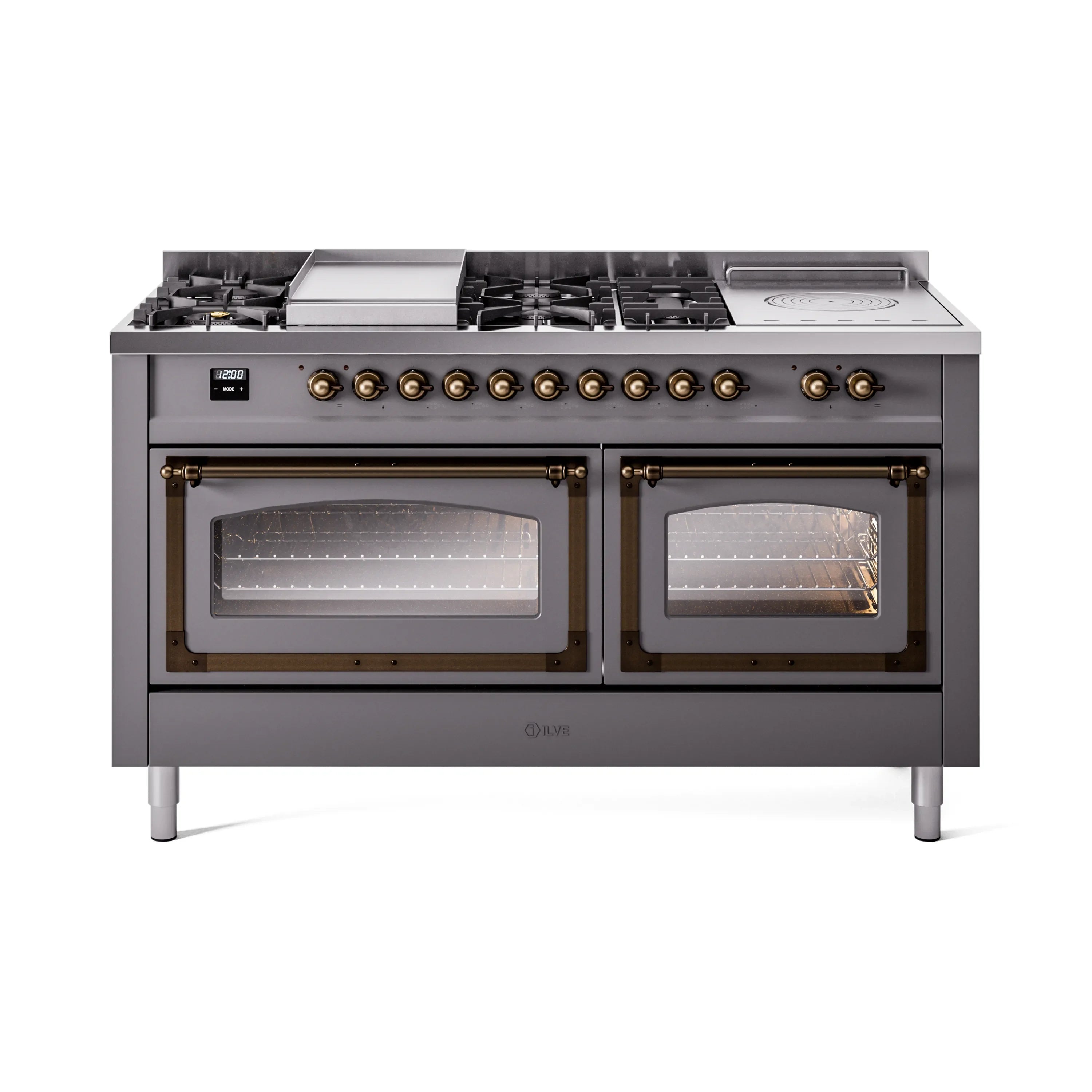Matte graphite dual fuel range with bronze knobs and two oven doors, front view