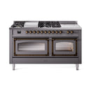 ILVE 60-Inch Nostalgie II Noblesse Natural Gas Dual Fuel Range with 7 Sealed Burners, Griddle, French Top, and Triple Glass Door Oven in Matte Graphite with Bronze Trim (UN60FSNMPMGB)