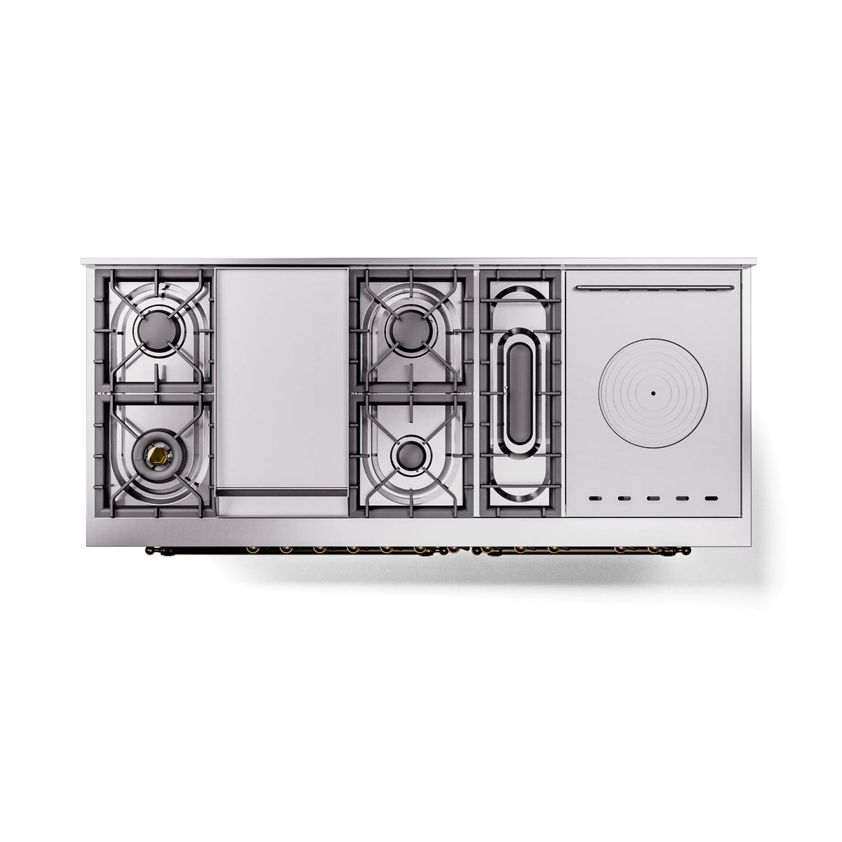 Matte graphite dual fuel range with open cooktop and French top burners layout