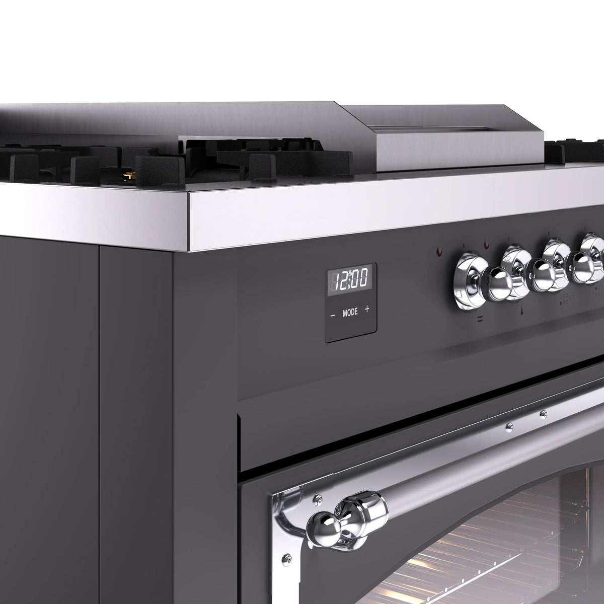 Matte graphite range front with chrome control knobs and digital display