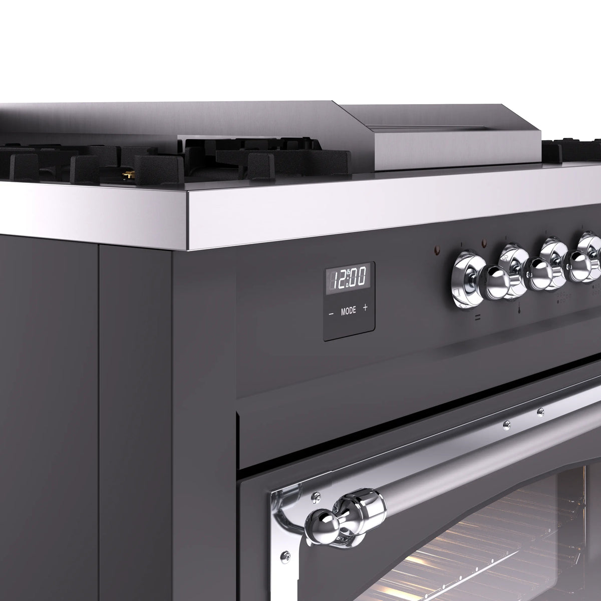 Dual fuel range control panel with digital display and chrome control knobs