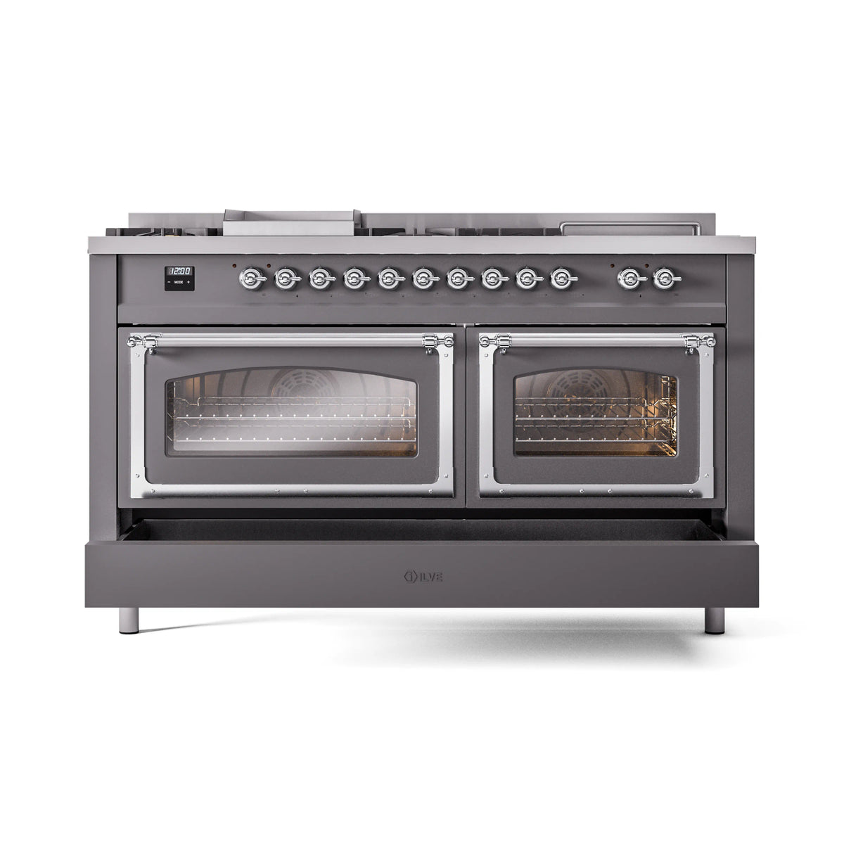 Matte graphite dual oven range with two glass doors and chrome-trim handles