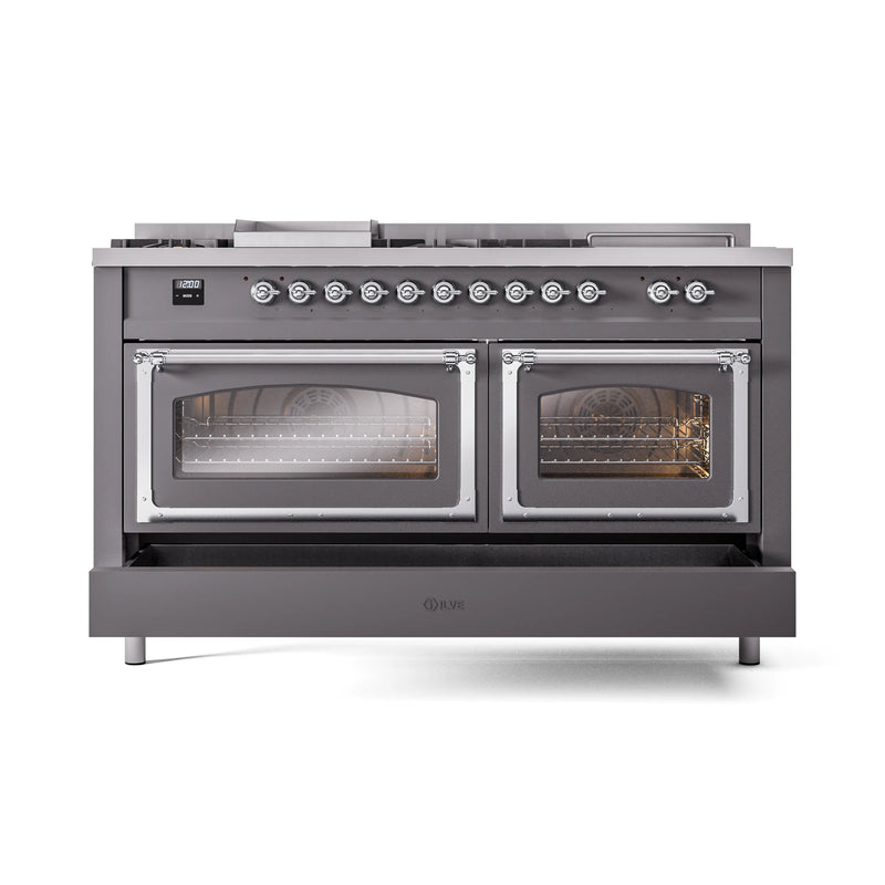 ILVE 60-Inch Nostalgie II Noblesse Dual Fuel Range with 7 Sealed Burners, Griddle, French Top, and Triple Glass Door Oven in Matte Graphite with Chrome Trim (UN60FSNMPMGC)