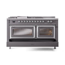 ILVE 60-Inch Nostalgie II Noblesse Natural Gas Dual Fuel Range with 7 Sealed Burners, Griddle, French Top, and Triple Glass Door Oven in Matte Graphite with Chrome Trim (UN60FSNMPMGC)