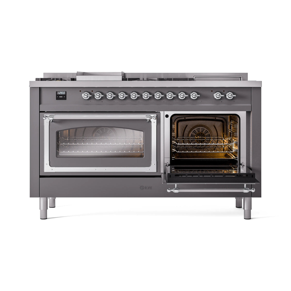 Matte graphite range with left oven door open, showing illuminated oven interior