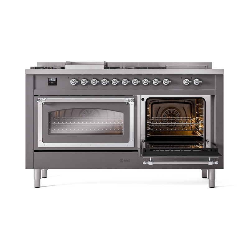 ILVE 60-Inch Nostalgie II Noblesse Dual Fuel Range with 7 Sealed Burners, Griddle, French Top, and Triple Glass Door Oven in Matte Graphite with Chrome Trim (UN60FSNMPMGC)