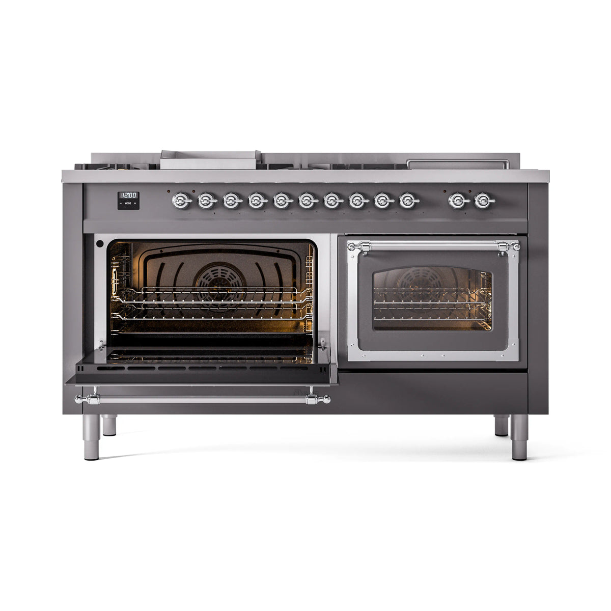 Dual fuel range with left oven door open, showing racks and glowing heating elements