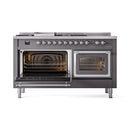 ILVE 60-Inch Nostalgie II Noblesse Natural Gas Dual Fuel Range with 7 Sealed Burners, Griddle, French Top, and Triple Glass Door Oven in Matte Graphite with Chrome Trim (UN60FSNMPMGC)