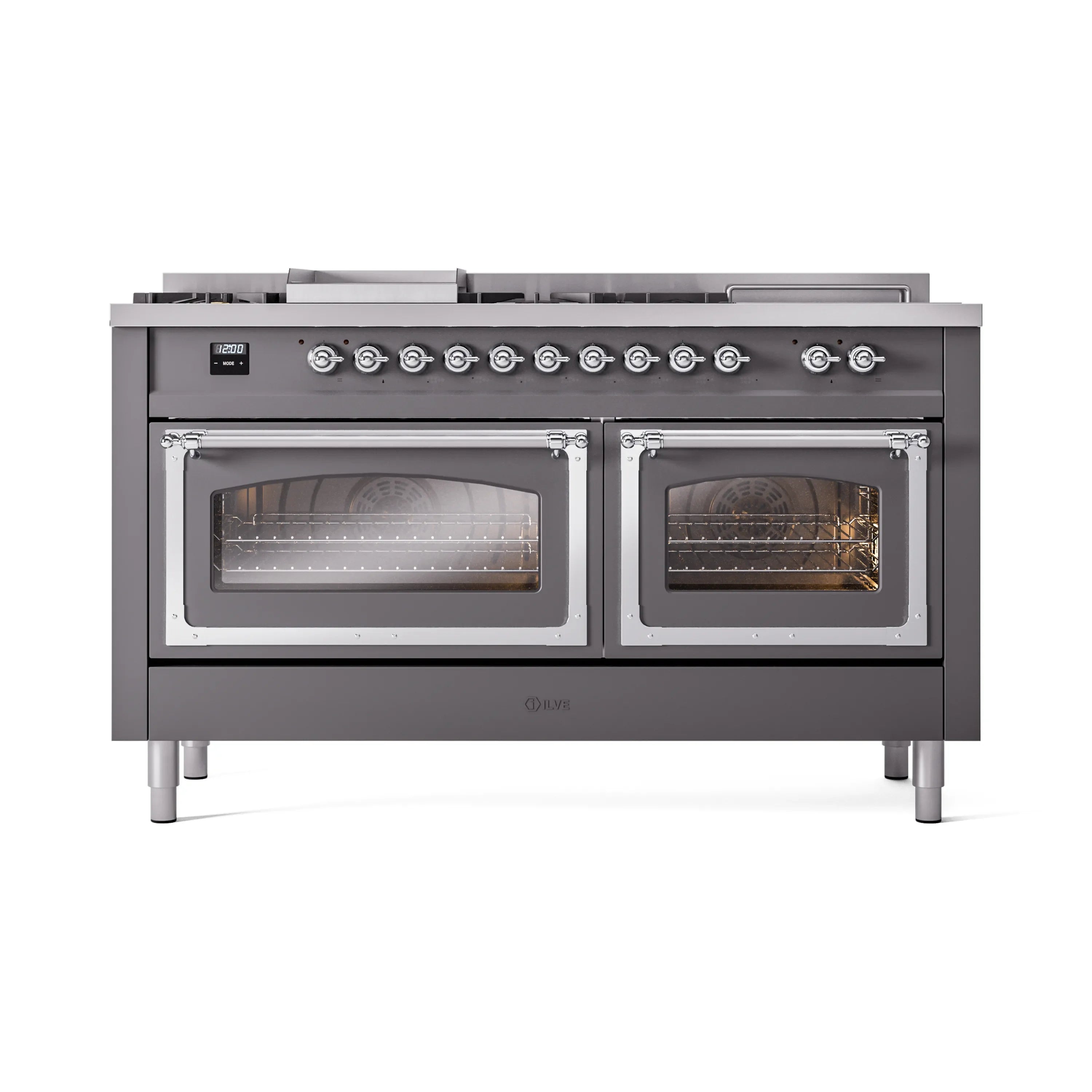 60-inch dual fuel range with chrome-trimmed double oven windows and control knobs