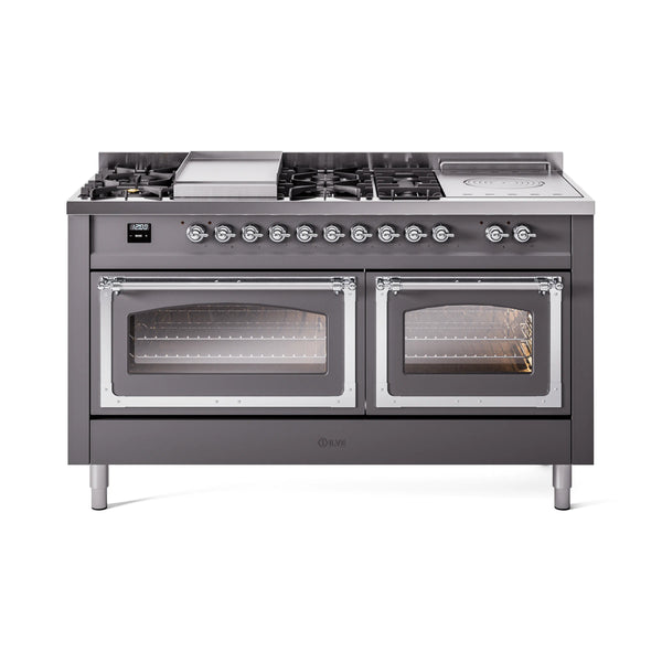 ILVE 60-Inch Nostalgie II Noblesse Dual Fuel Range with 7 Sealed Burners, Griddle, French Top, and Triple Glass Door Oven in Matte Graphite with Chrome Trim (UN60FSNMPMGC)