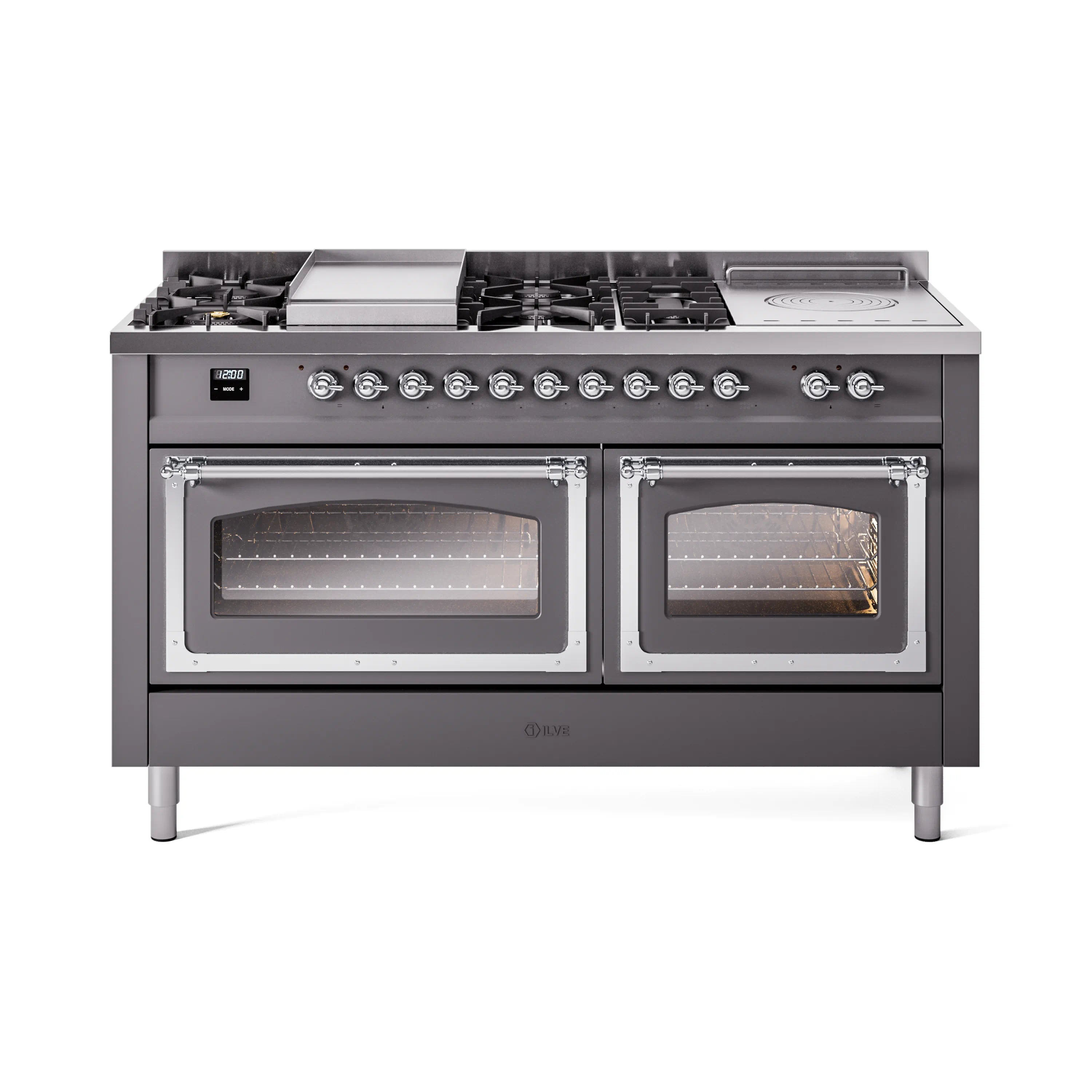 60-inch dual fuel range in matte graphite with chrome-trimmed double oven doors