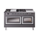 ILVE 60-Inch Nostalgie II Noblesse Natural Gas Dual Fuel Range with 7 Sealed Burners, Griddle, French Top, and Triple Glass Door Oven in Matte Graphite with Chrome Trim (UN60FSNMPMGC)