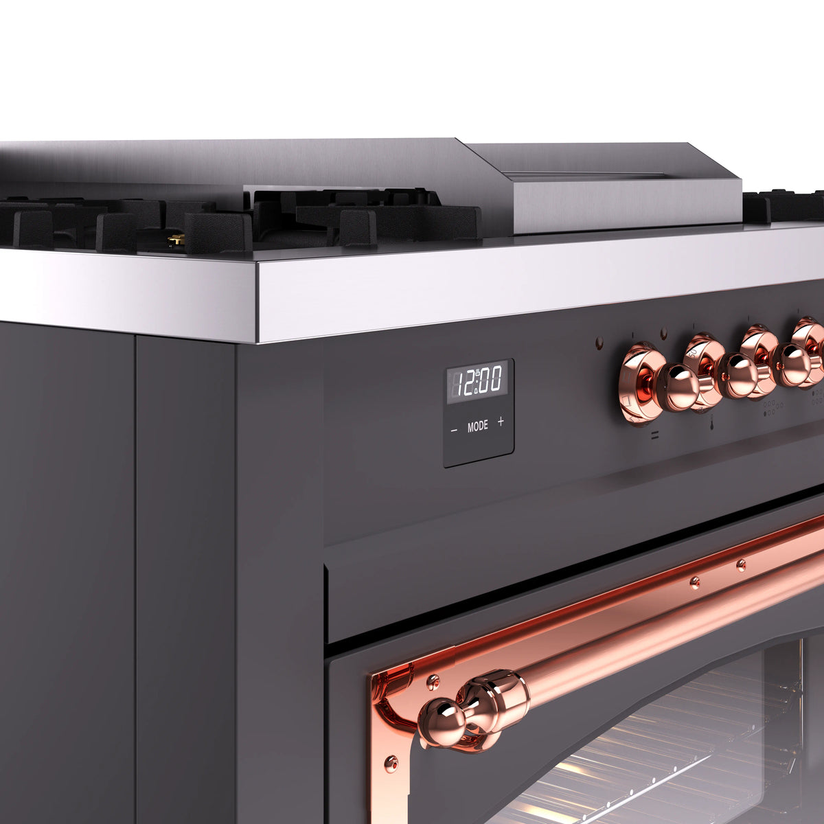 Matte graphite range control panel with copper knobs and digital clock display