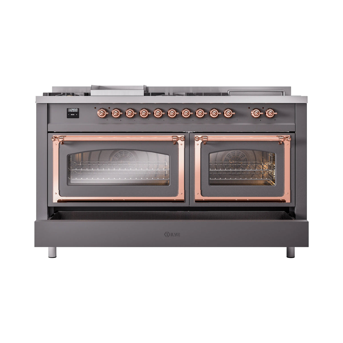 Matte graphite dual fuel range with two closed oven windows and copper-trimmed handles