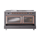 ILVE 60-Inch Nostalgie II Noblesse Natural Gas Dual Fuel Range with 7 Sealed Burners, Griddle, French Top, and Triple Glass Door Oven in Matte Graphite with Copper Trim (UN60FSNMPMGP)