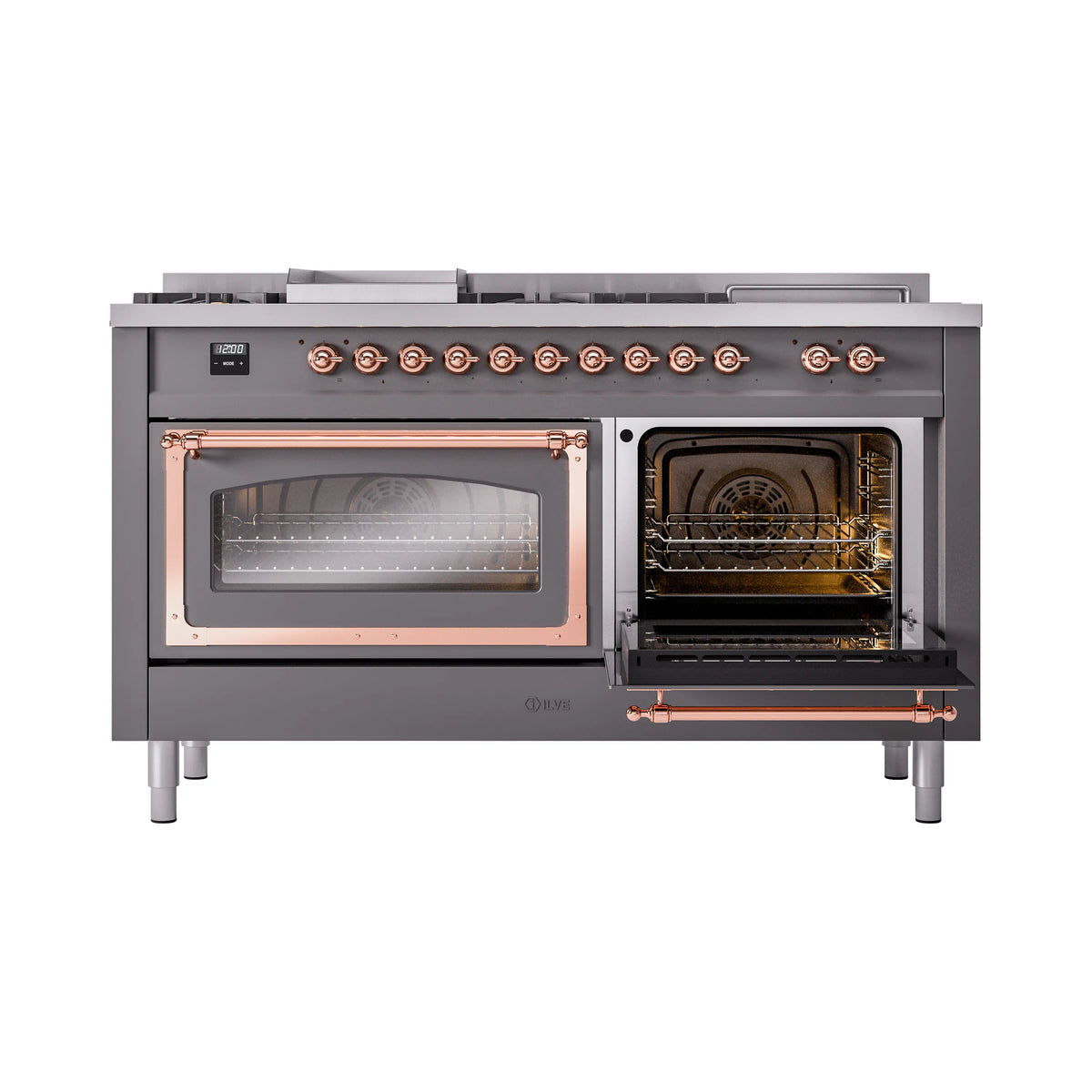 Matte graphite dual fuel range with right oven door open and copper interior trim
