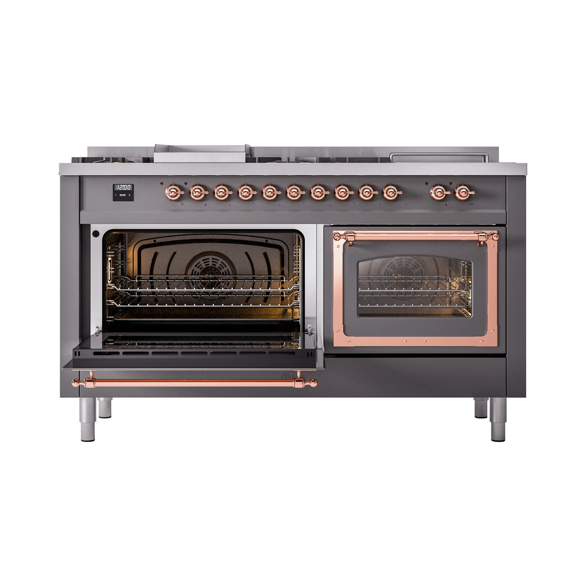 Matte graphite dual fuel range with both oven doors open and copper-trimmed frames
