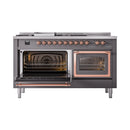 ILVE 60-Inch Nostalgie II Noblesse Propane Gas Dual Fuel Range with 7 Sealed Burners, Griddle, French Top, and Triple Glass Door Oven in Matte Graphite with Copper Trim (UN60FSNMPMGPLP)