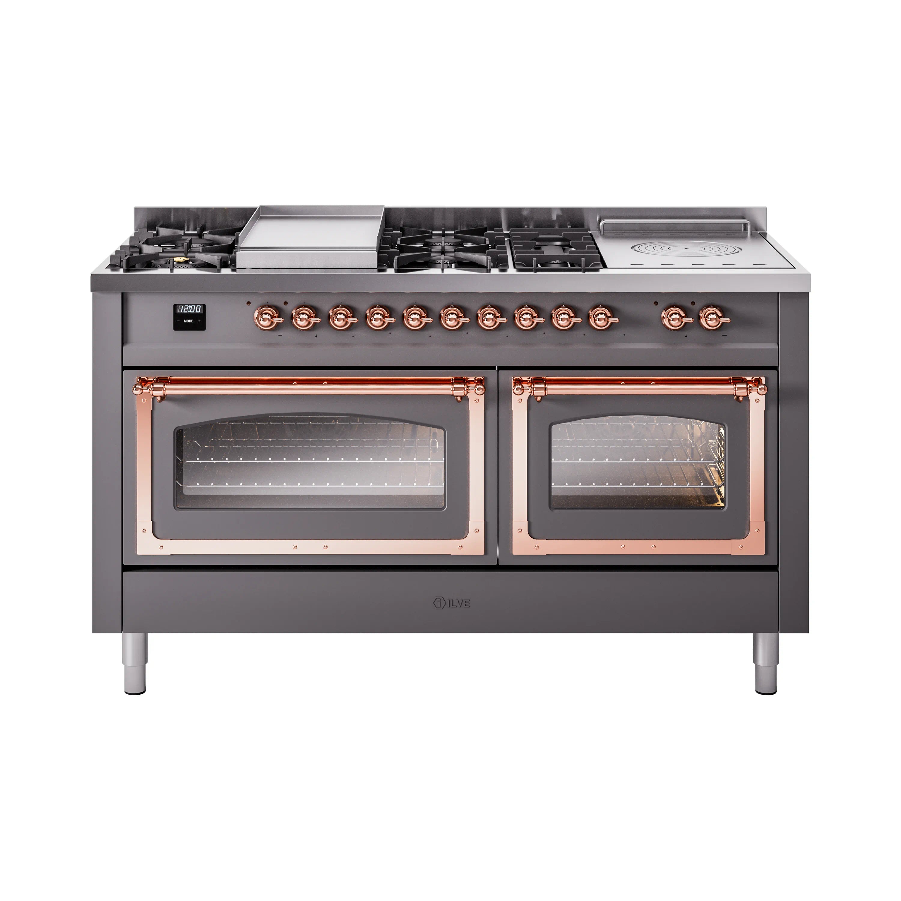 Matte graphite dual fuel range with burner grates, griddle, and two oven windows