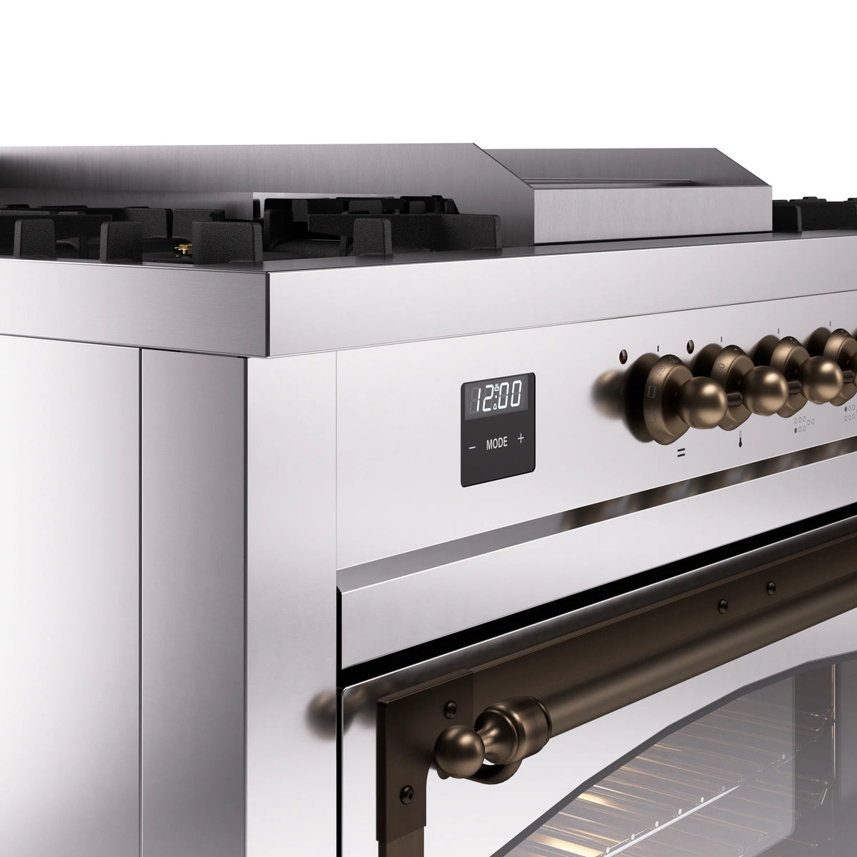 Stainless steel range control panel with bronze knobs and digital display