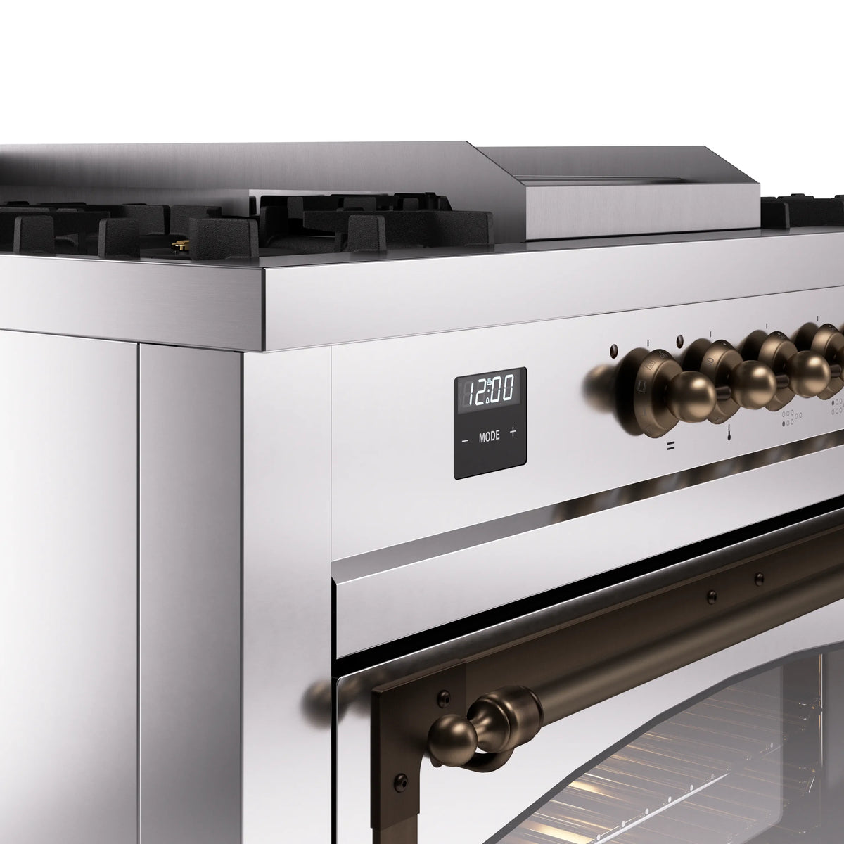 ILVE stainless steel dual-fuel range control panel with bronze knobs and digital display