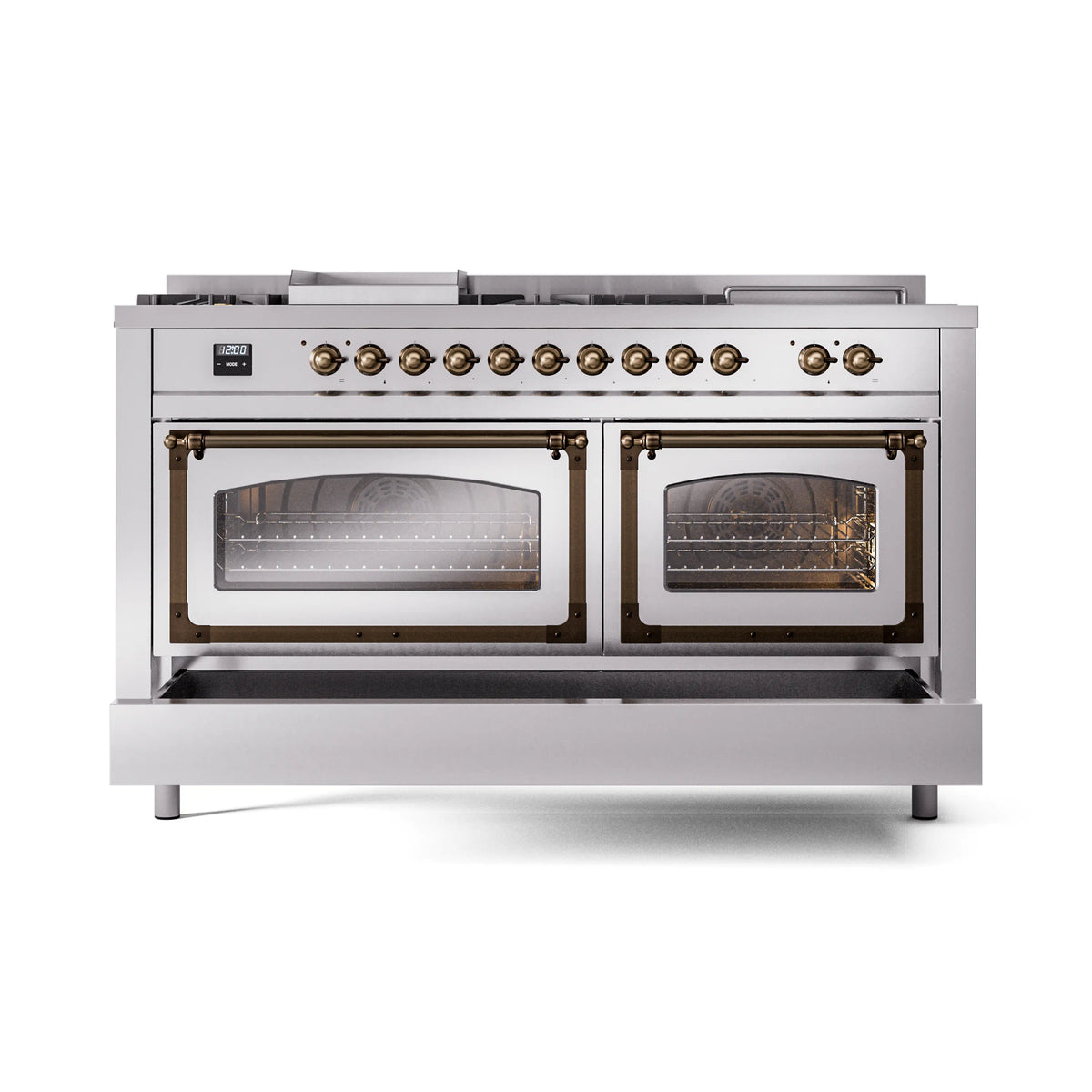 Stainless steel dual-fuel range with bronze-trimmed knobs and dual oven glass doors